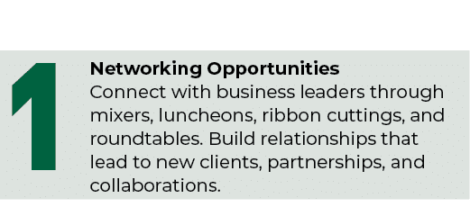 1,Networking Opportunities Connect with business leaders through mixers, luncheons, ribbon cuttings, and roundtables....