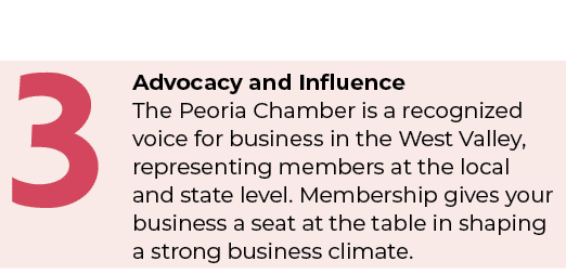 3,Advocacy and Influence The Peoria Chamber is a recognized voice for business in the West Valley, representing membe...