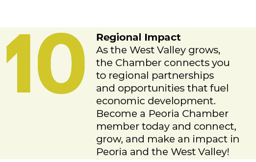 10,Regional Impact As the West Valley grows, the Chamber connects you to regional partnerships and opportunities that...