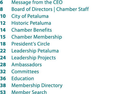 6 Message from the CEO 8 Board of Directors | Chamber Staff 10 City of Petaluma 12 Historic Petaluma 14 Chamber Benef...