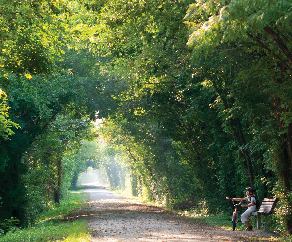 “View down a wide trail through a tunnel of trees with a shaft of sunlight in the distance. A child with a bicycle rests on a bench halfway down the trail. Katy Trail State Park, Missouri"