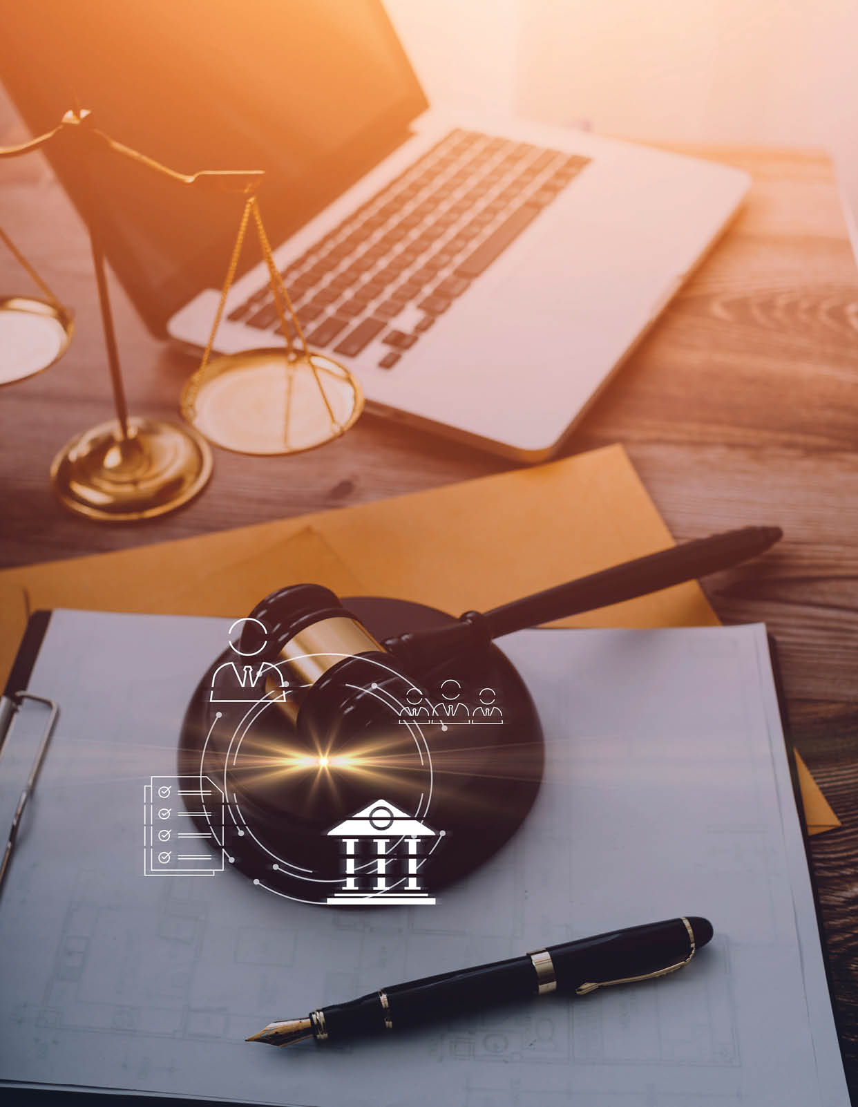 A laptop, a notebook, and a pair of scissors are placed on a wooden desk. AI generated content
