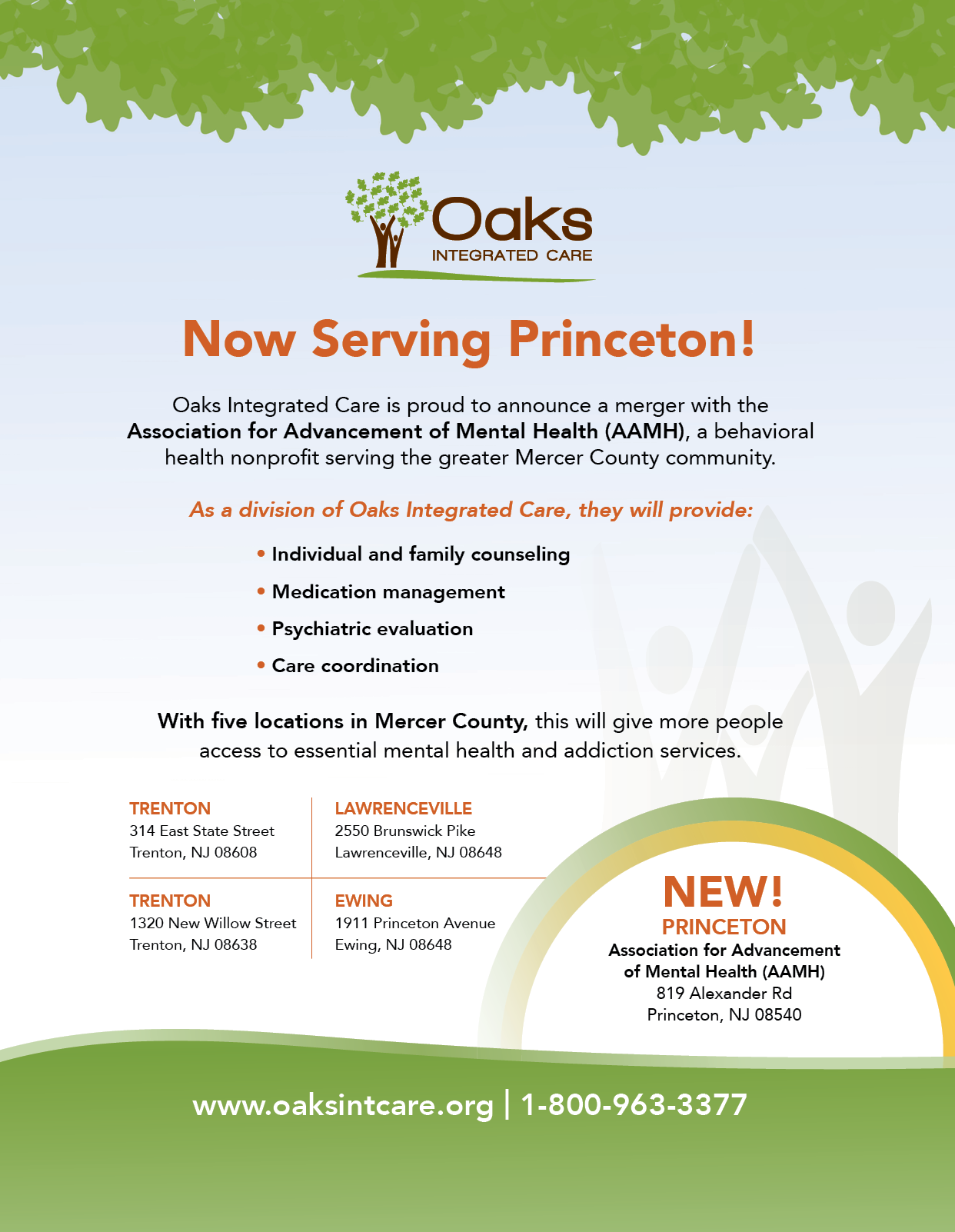 A flyer for Oak's Care, a mental health organization, announcing a new service in Princeton. AI generated content
