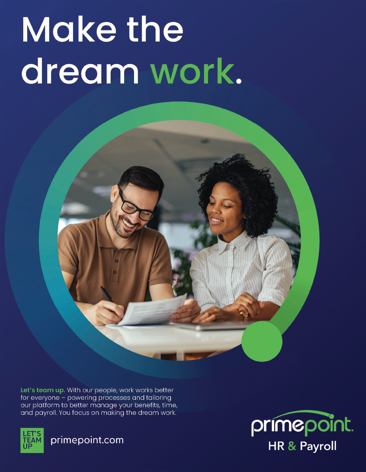 A man and woman are sitting at a table, smiling and working together. The man is wearing glasses and a brown shirt. The woman is wearing a white shirt. They are both using a laptop. AI generated content