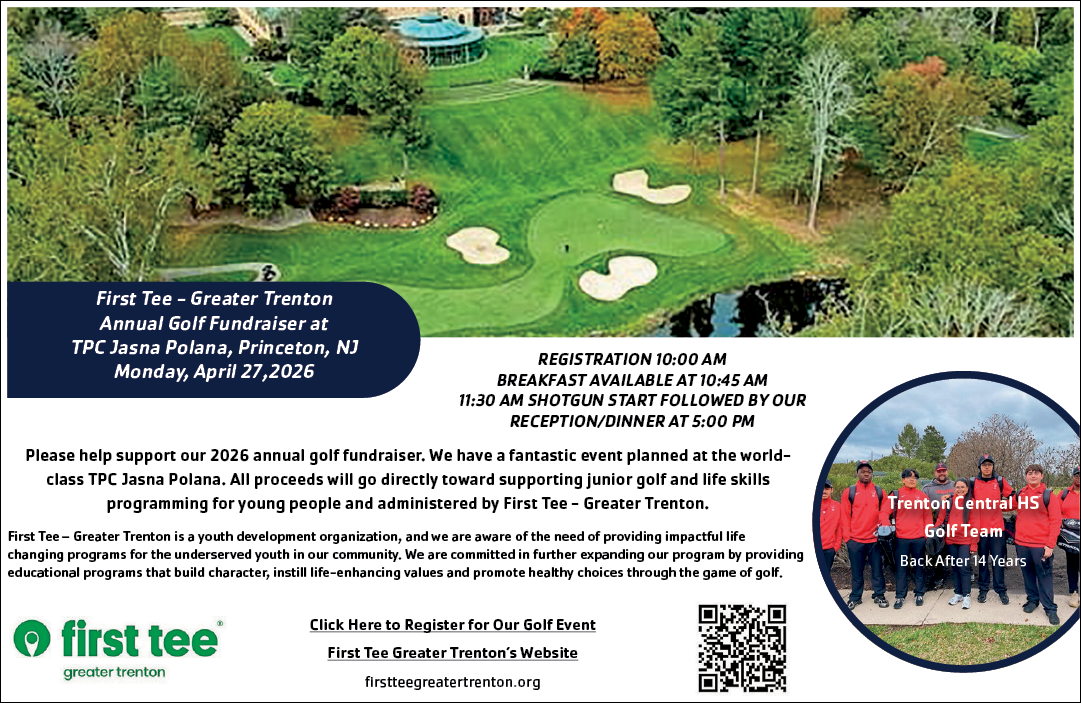 A flyer advertises a golf event at a course with a picture of a green golf course and a sign that says “First Tee". AI generated content