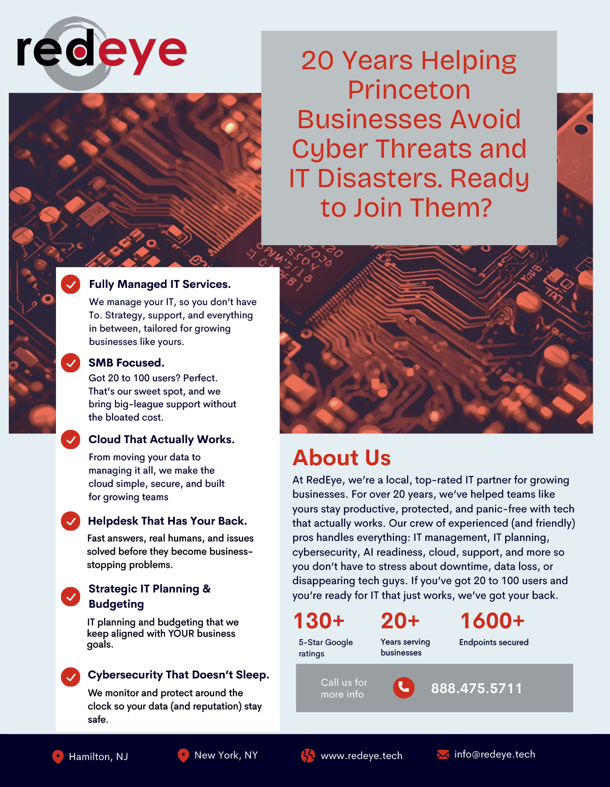 A flyer for RedEye, a company that helps businesses avoid cyber threats and IT disasters. AI generated content