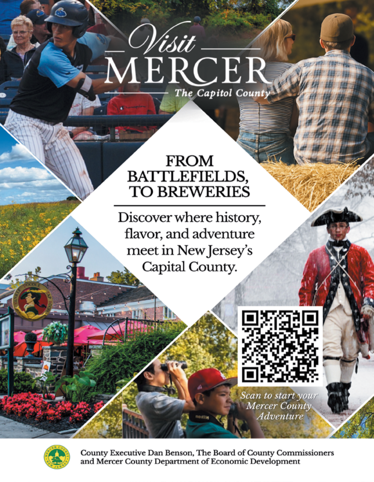 A flyer for Visit Mecer, the Capital County, features a baseball player, a brewery, and a man in a red coat. AI generated content