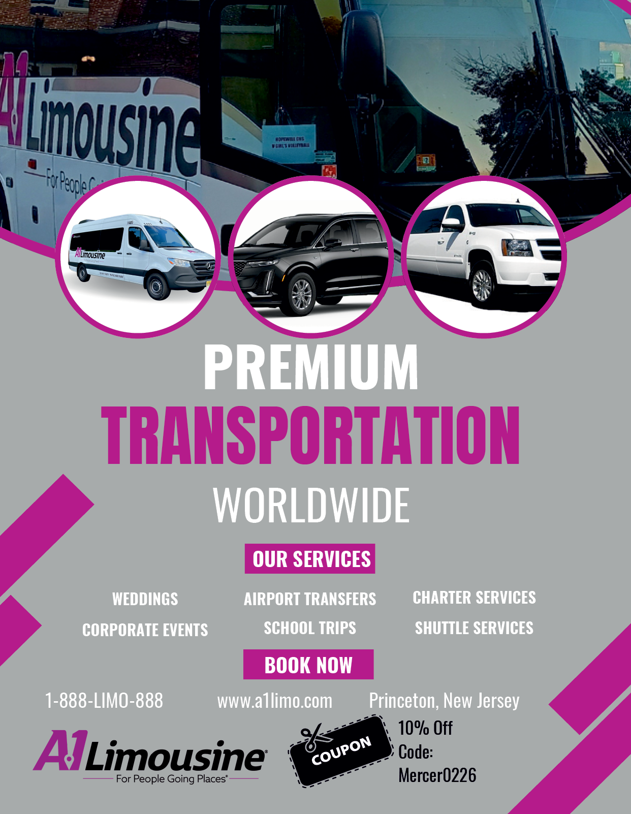 A poster advertising a transportation service with a bus and two trucks. AI generated content