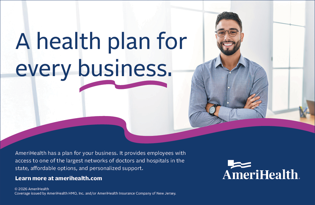 A man is smiling in front of a sign that says “A health plan for every business." AI generated content