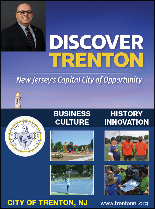 A man in a suit is smiling for a photo. The image is promoting a city called Trenton. AI generated content