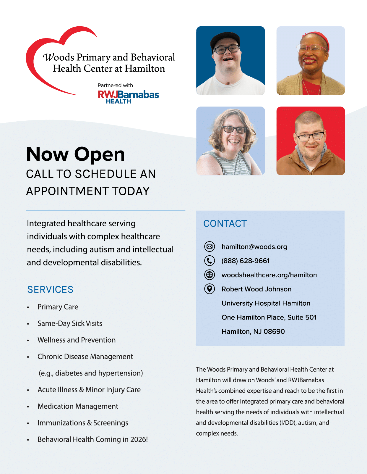 Four adults are shown next to a heart logo and text announcing the opening of Woods Primary and Behavioral Health Center at Hamilton with a list of integrated healthcare services and contact information. Description generated by AI