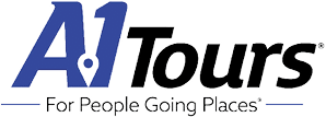 A logo with the text “A1 Tours" in blue and black, accompanied by the tagline "For People Going Places" underneath. Description generated by AI