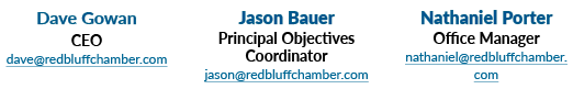Dave Gowan CEO dave redbluffchamber com Jason Bauer Principal Objectives Coordinator jason redbluffchamber com Nathan   