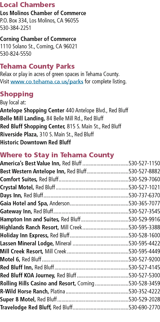 Local Chambers Los Molinos Chamber of Commerce P.O. Box 334, Los Molinos, CA 96055 530 384 2251 Corning Chamber of Co...