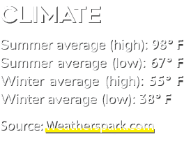 Climate Summer average (high): 98° F Summer average (low): 67° F Winter average (high): 55° F Winter average (low): 3...
