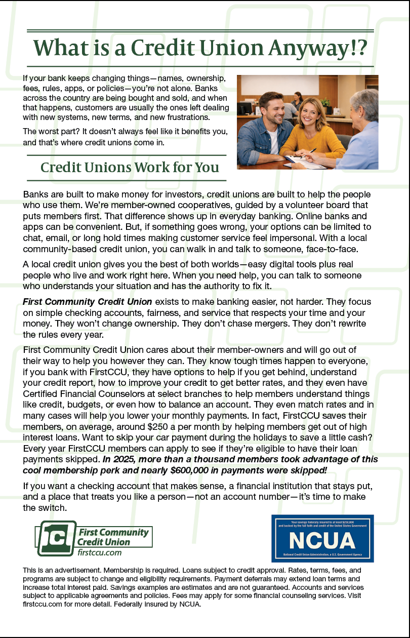 A green and white advertisement for a credit union. Description generated by AI
