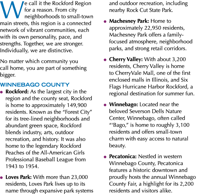 We call it the Rockford Region for a reason. From city neighborhoods to small town main streets, this region is a con...