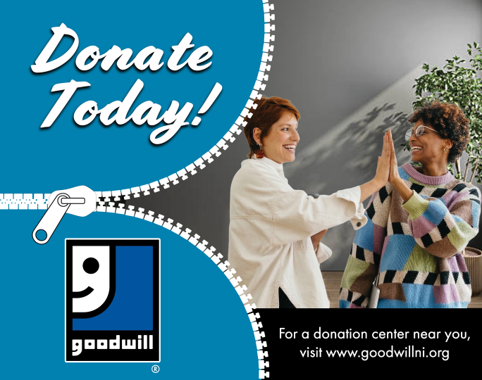 A white sign with black letters that reads “Goodwill Industries of Northern Illinois." AI generated content