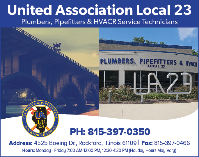 A white sign with black lettering that reads “6RCB1028 United Association of Plumbers & Pipefitters Fitters Local Union 23 4 7/8 4 7/8 3 4/8 3 4/8". AI generated content