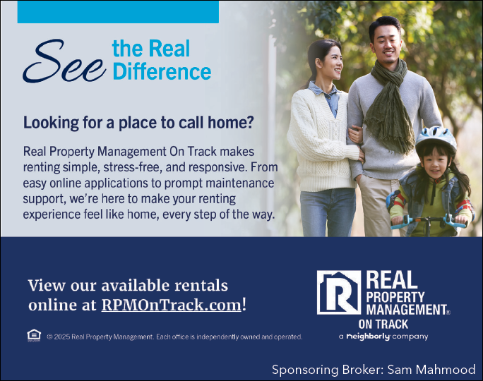 A 4x3.75 inch sign that says Real Property Management on track. AI generated content
