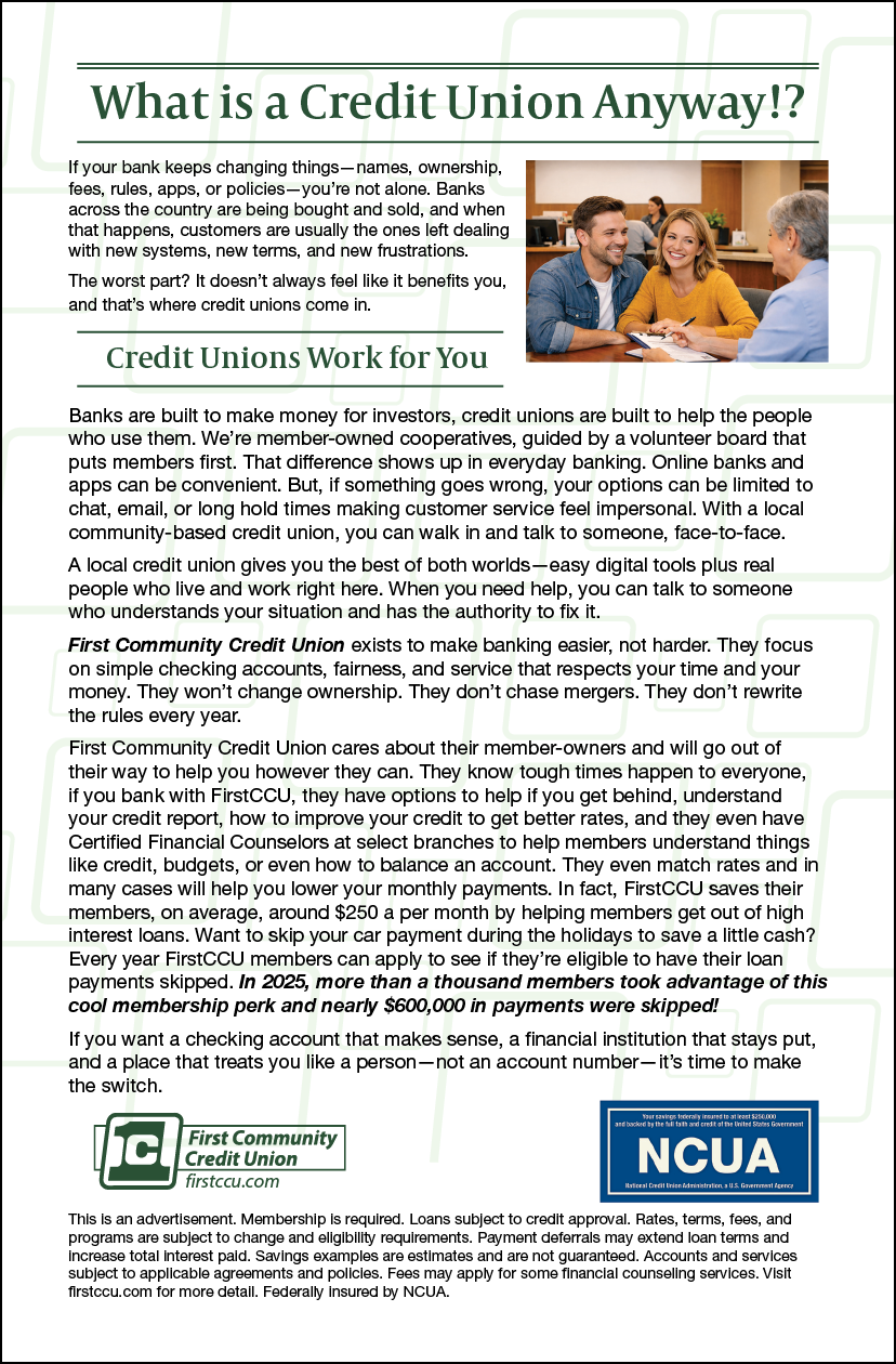 A green and white advertisement for a credit union. Description generated by AI