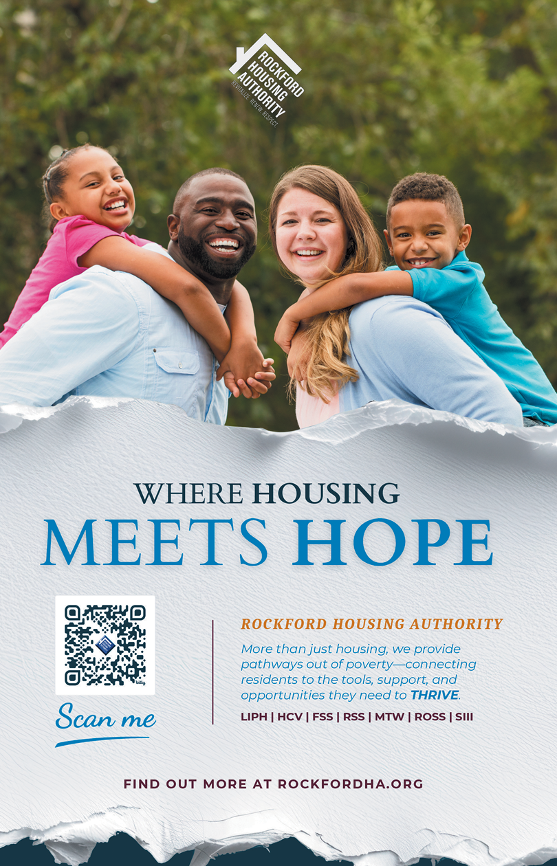 A white sign with black letters that reads Rockford Housing Authority. AI generated content