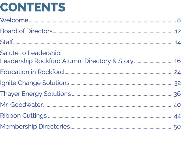 CONTENTS Welcome 8 Board of Directors 12 Staff 14 Salute to Leadership: Leadership Rockford Alumni Directory & Story ...