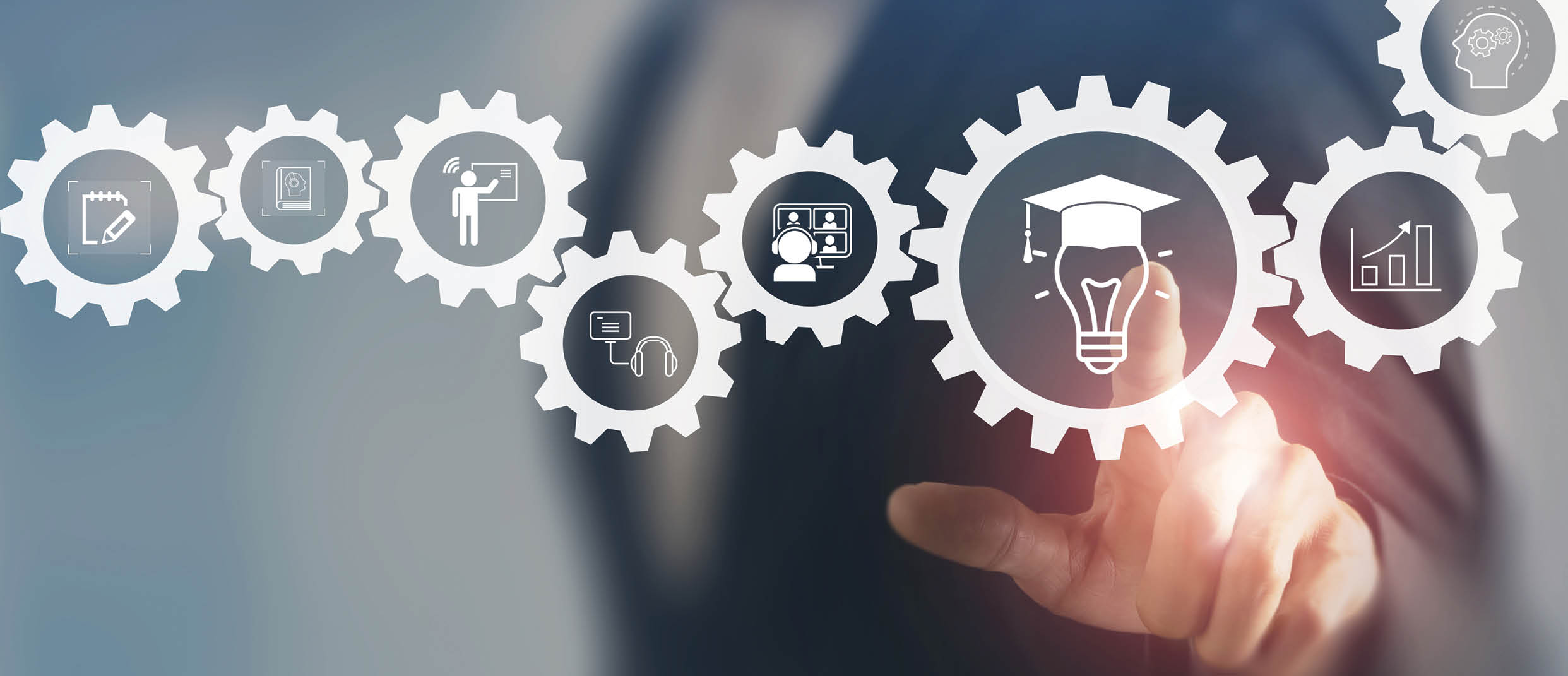 E learning technology concept. Online education, webinar, online courses. AI and machine learning enhance personalised learning. Digital training to employee, compliance, customer, partner.
