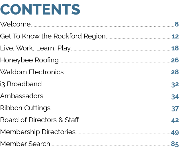 CONTENTS Welcome 8 Get To Know the Rockford Region 12 Live, Work, Learn, Play 18 Honeybee Roofing 26 Waldom Electroni...