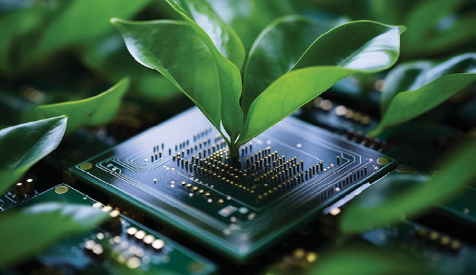 Plant growing from processor grow nature computer hardware ecology sustainable eco-friendly technology tech modern computer chip green leaves natural beauty leaf tree oxygen microchip electronics. High quality photo