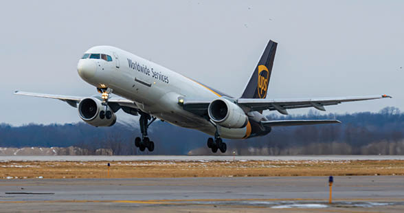 Rockford, IL USA - December 21, 2022: United Parcel Service Boeing 757-200PF (N471UP) taking off from Chicago Rockford International Airport.