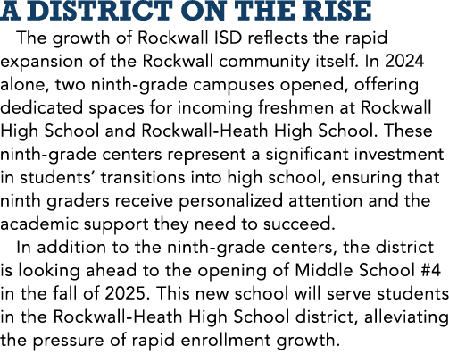 A District on the Rise The growth of Rockwall ISD reflects the rapid expansion of the Rockwall community itself. In 2...