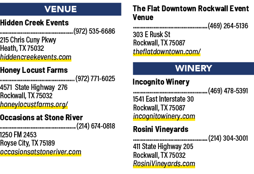 Venue Hidden Creek Events (972) 535 6686 215 Chris Cuny Pkwy Heath, TX 75032 hiddencreekevents.com Honey Locust Farms...