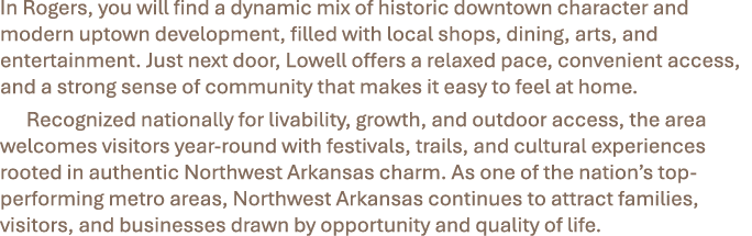 In Rogers, you will find a dynamic mix of historic downtown character and modern uptown development, filled with loca...