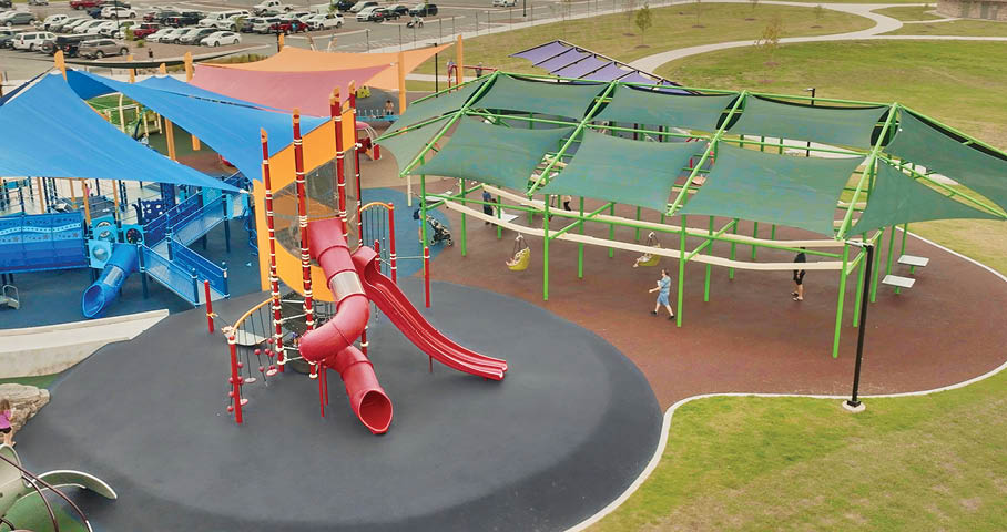 A playground with a slide and a swing in the middle of a park. AI generated content