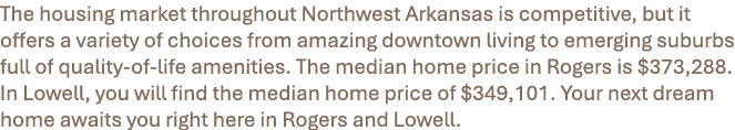 The housing market throughout Northwest Arkansas is competitive, but it offers a variety of choices from amazing down...
