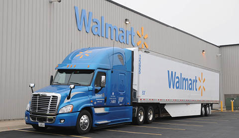 A blue Walmart truck is parked in front of a building. AI generated content