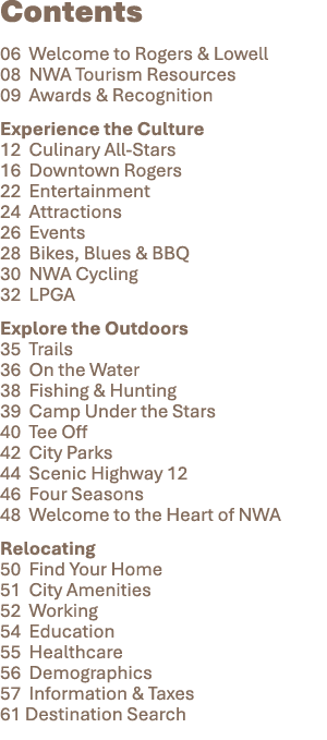 Contents 06 Welcome to Rogers & Lowell 08 NWA Tourism Resources 09 Awards & Recognition Experience the Culture 12 Cul...