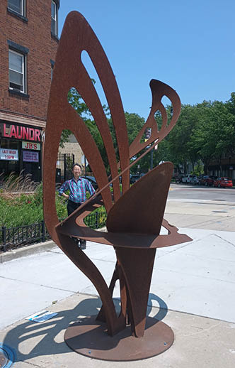 A sculpture of a man and woman is displayed on a sidewalk. AI generated content