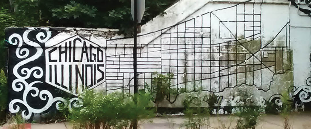 A wall painted with the words “Chicago Illinois" and a staircase. AI generated content