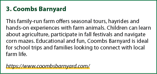 3. Coombs Barnyard This family run farm offers seasonal tours, hayrides and hands on experiences with farm animals. ...