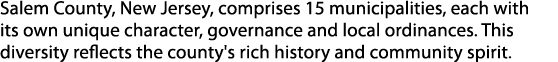 Salem County, New Jersey, comprises 15 municipalities, each with its own unique character, governance and local ordin...
