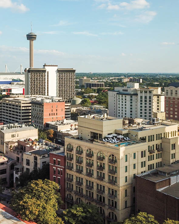Aerial Cityscape of Downtown San Antonio, Texas Facing Towards East..