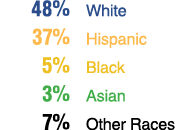  48% White 37% Hispanic 5% Black 3% Asian 7% Other Races