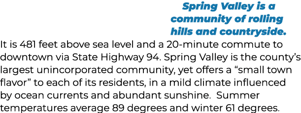 Spring Valley is a community of rolling hills and countryside. It is 481 feet above sea level and a 20 minute commute...