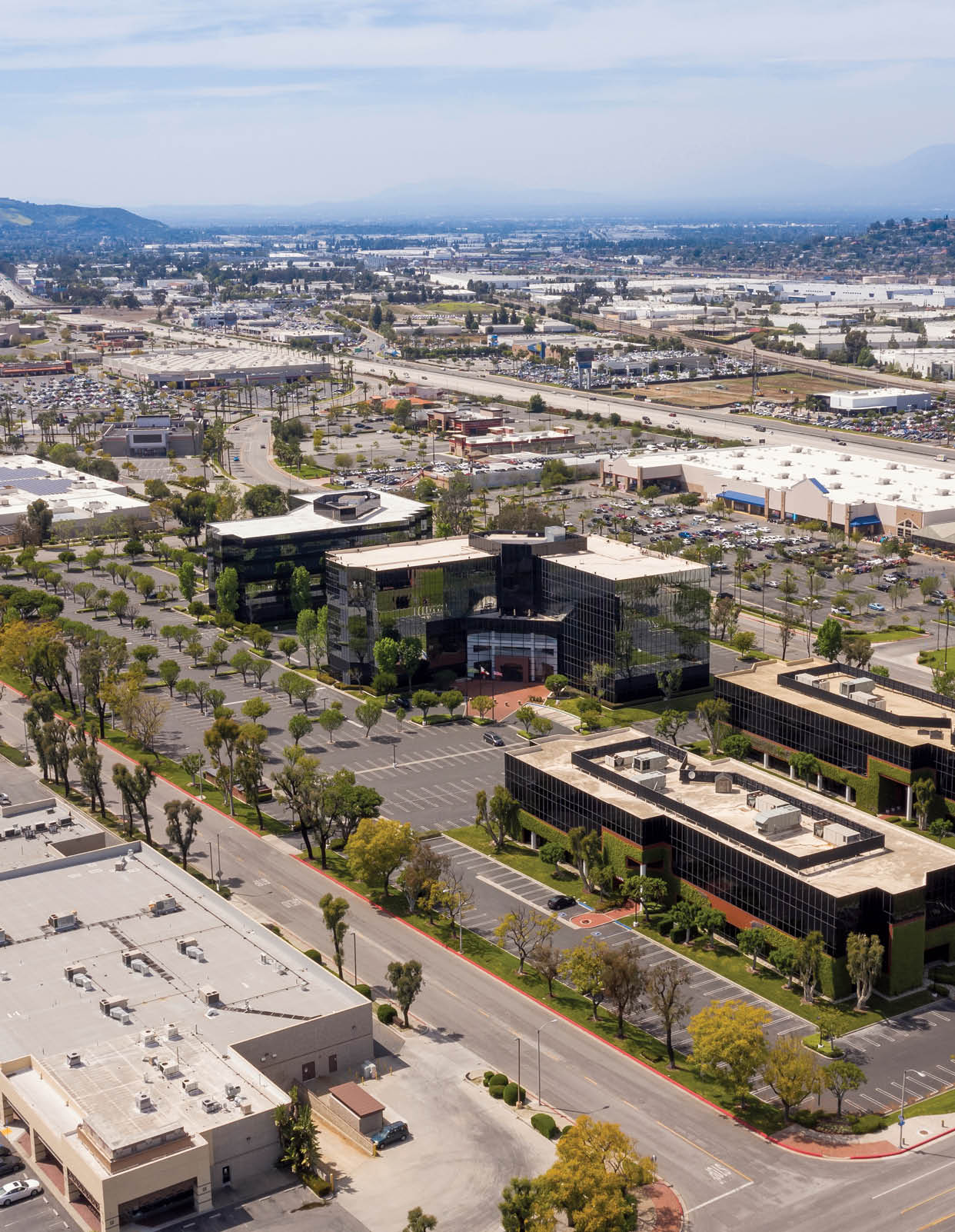 Daytime aerial view of the commercial center of City of Industry, California, USA.
