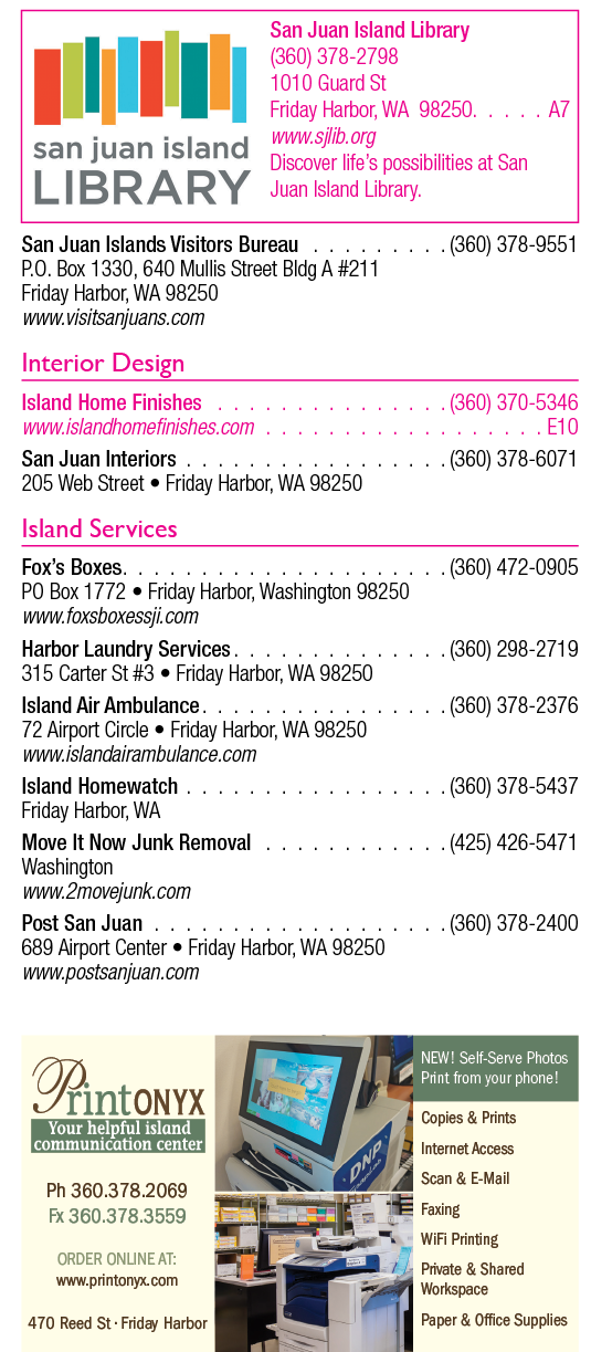 A pink and white advertisement for the San Juan Island Library. Description generated by AI