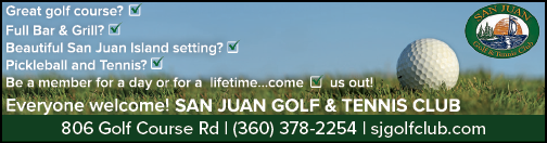 A golf course advertisement with a picture of a golf ball and a green golf club. Description generated by AI