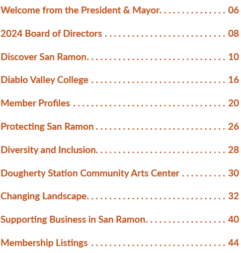 Welcome from the President & Mayor ﻿06 2024 Board of Directors 08 Discover San Ramon 10 Diablo Valley College 16 Memb...