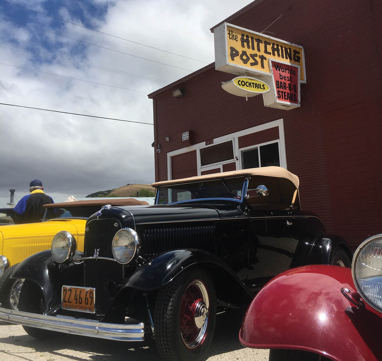 Front of the Hitching Post building with classic cars parked out front, located near Santa Maria Valley in Casmalia, California.